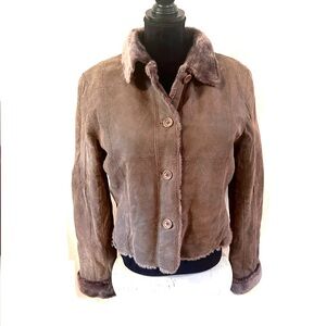 Roper Womens Size Large Brown Leather Cropped Jacket Faux Fur Lining & Trim